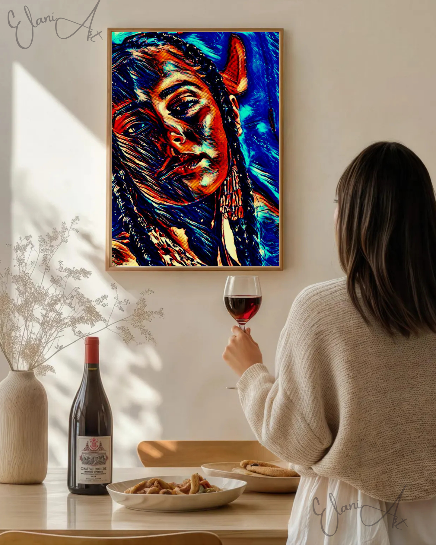 WHISPER - An Original Vibrant Blue Brown Colorful Woman's Face Portrait Brown Eyes Braids Impressionistic Wall Artwork Print by ElaniArt