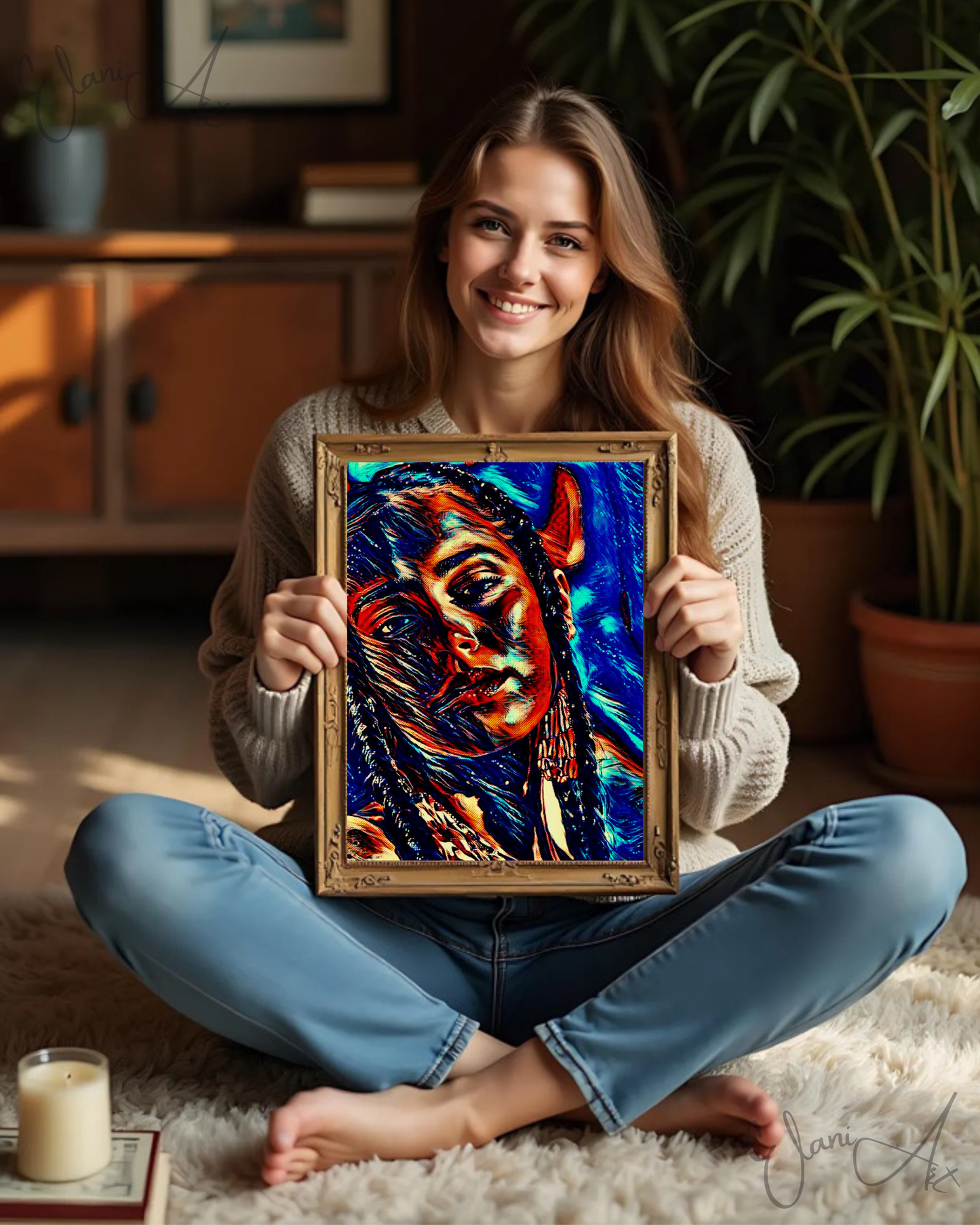 WHISPER - An Original Vibrant Blue Brown Colorful Woman's Face Portrait Brown Eyes Braids Impressionistic Wall Artwork Print by ElaniArt