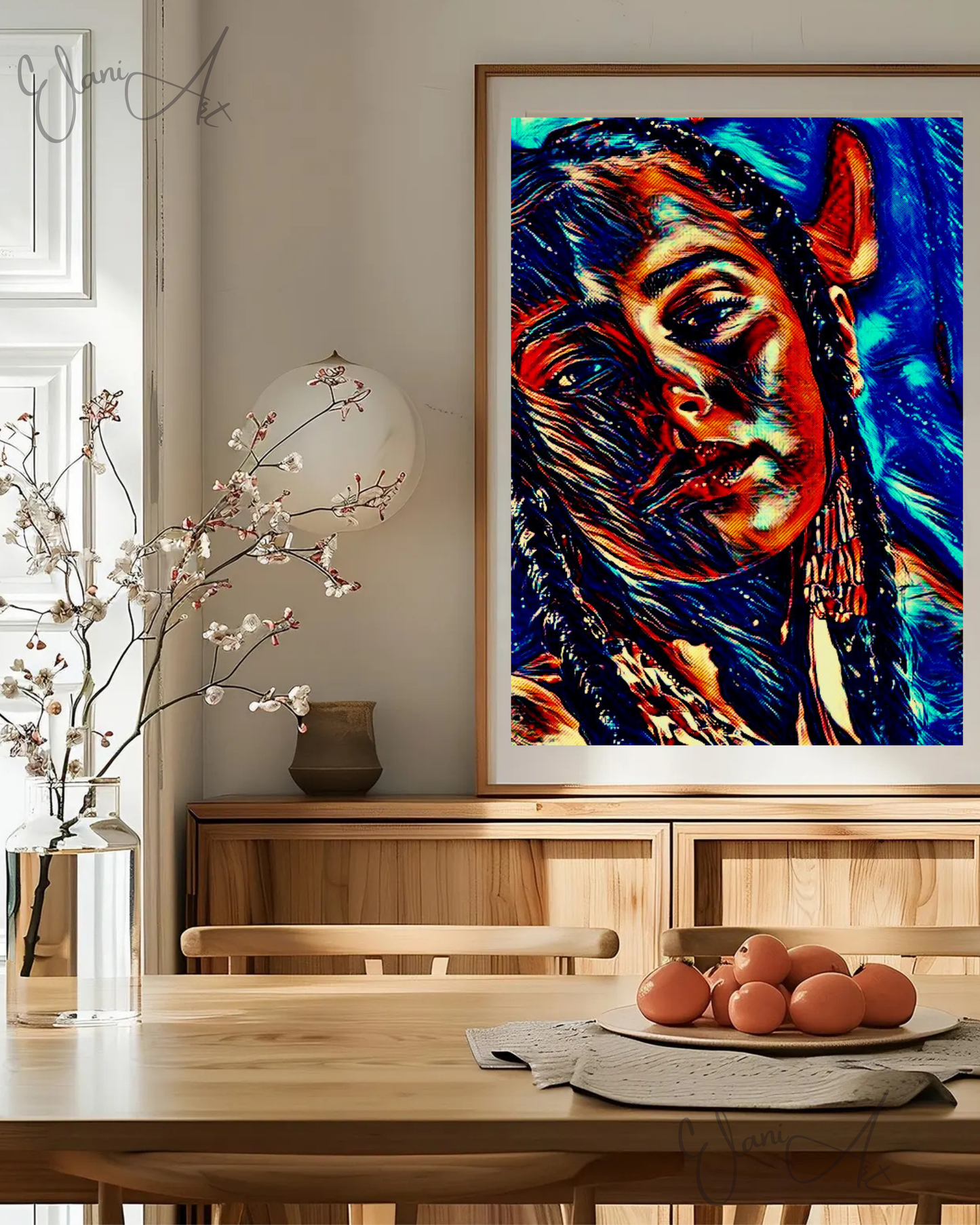 WHISPER - An Original Vibrant Blue Brown Colorful Woman's Face Portrait Brown Eyes Braids Impressionistic Wall Artwork Print by ElaniArt
