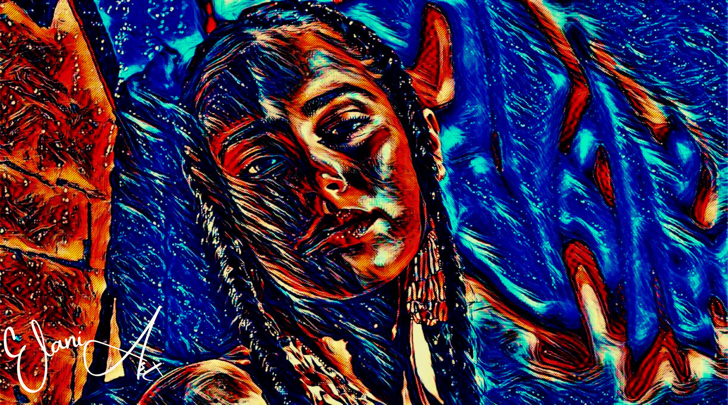 WHISPER - An Original Vibrant Blue Brown Colorful Woman's Face Portrait Brown Eyes Braids Impressionistic Wall Artwork Print by ElaniArt