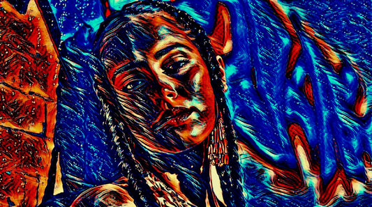 WHISPER - An Original Vibrant Blue Brown Colorful Woman's Face Portrait Brown Eyes Braids Impressionistic Wall Artwork Print by ElaniArt