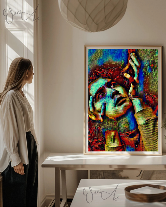 WHY - An Original Vibrant Colorful Man Expressive Portraiture Red Hair Wide Eyes Hand Gesture Impressionistic Wall Artwork Print by ElaniArt