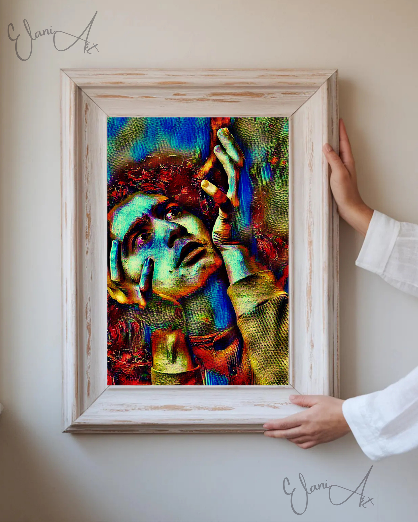 WHY - An Original Vibrant Colorful Man Expressive Portraiture Red Hair Wide Eyes Hand Gesture Impressionistic Wall Artwork Print by ElaniArt