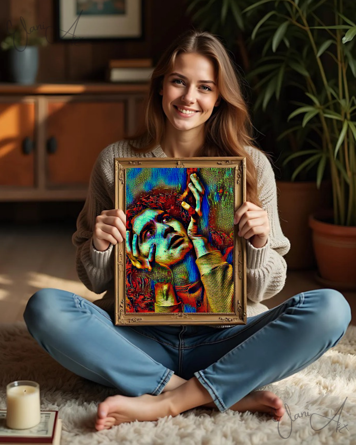 WHY - An Original Vibrant Colorful Man Expressive Portraiture Red Hair Wide Eyes Hand Gesture Impressionistic Wall Artwork Print by ElaniArt