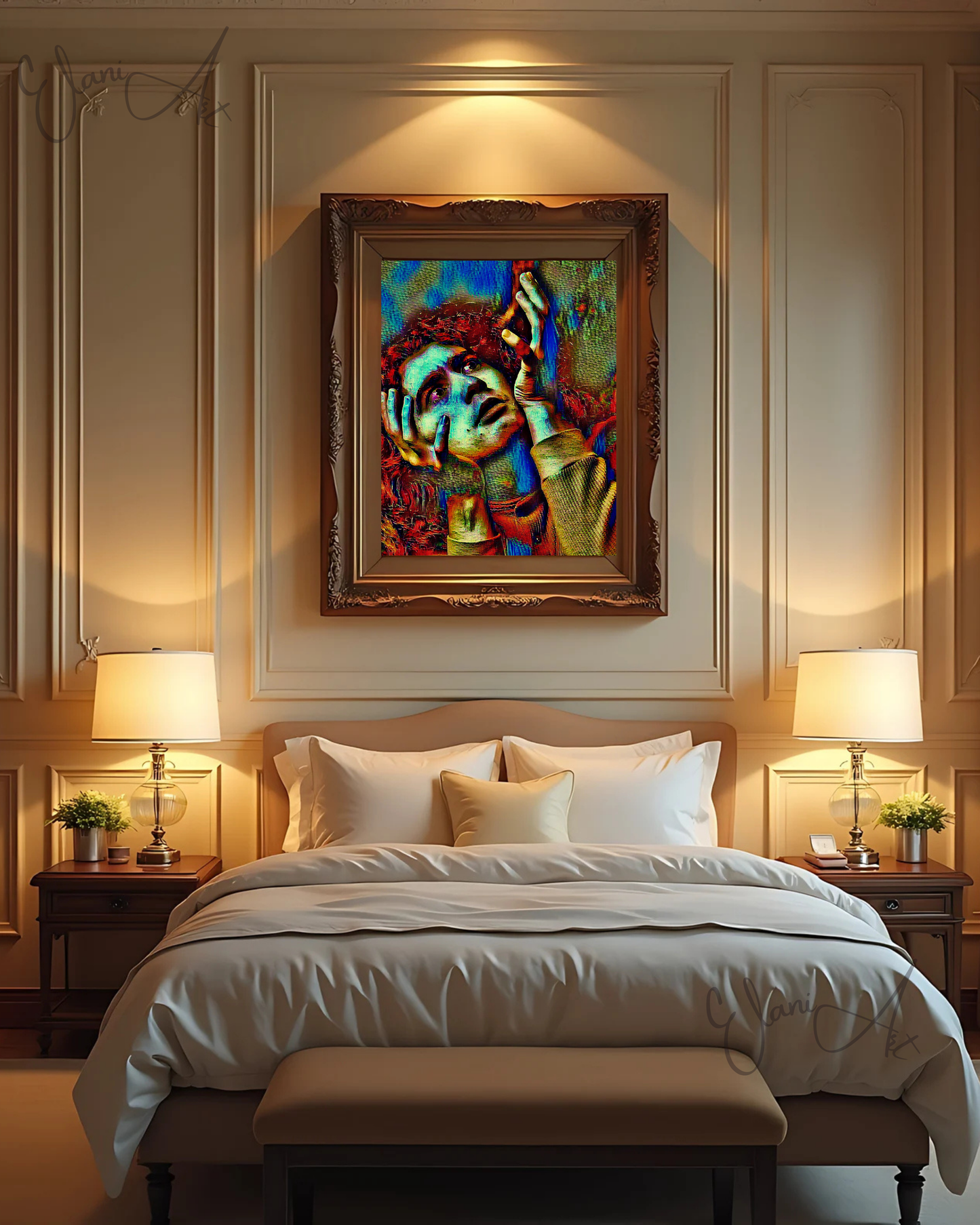 WHY - An Original Vibrant Colorful Man Expressive Portraiture Red Hair Wide Eyes Hand Gesture Impressionistic Wall Artwork Print by ElaniArt