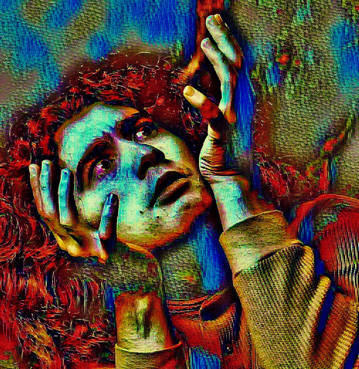 WHY - An Original Vibrant Colorful Man Expressive Portraiture Red Hair Wide Eyes Hand Gesture Impressionistic Wall Artwork Print by ElaniArt