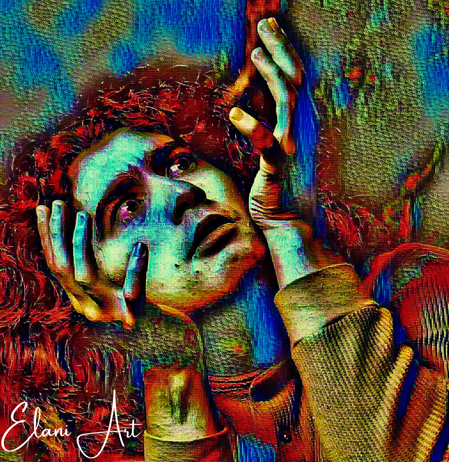 WHY - An Original Vibrant Colorful Man Expressive Portraiture Red Hair Wide Eyes Hand Gesture Impressionistic Wall Artwork Print by ElaniArt