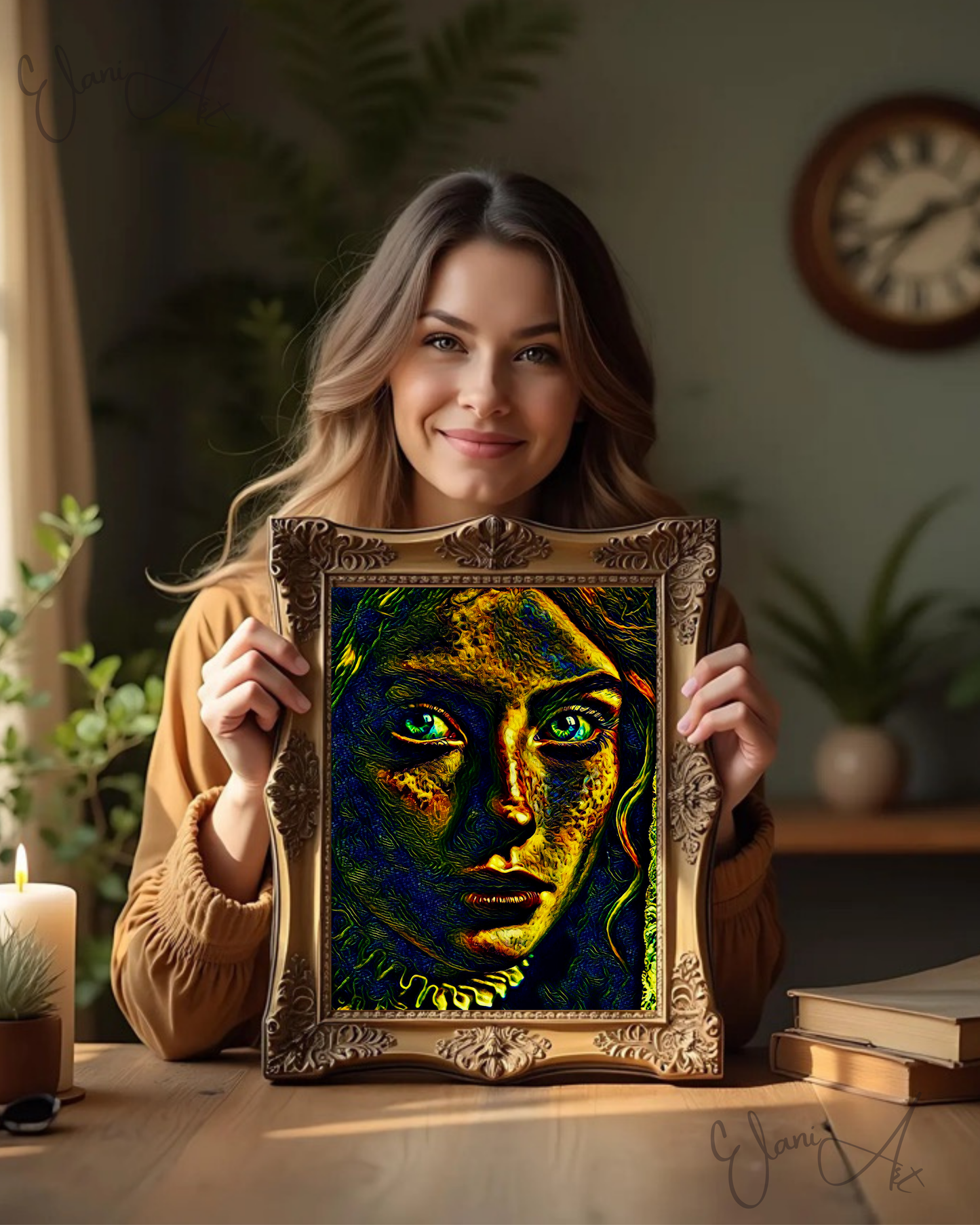 YOU DIDN'T SEE ME HERE - An Original Vibrant Glowing Blue Eyes Victorian Woman Portrait Head Veil Impressionistic Artwork Print by ElaniArt