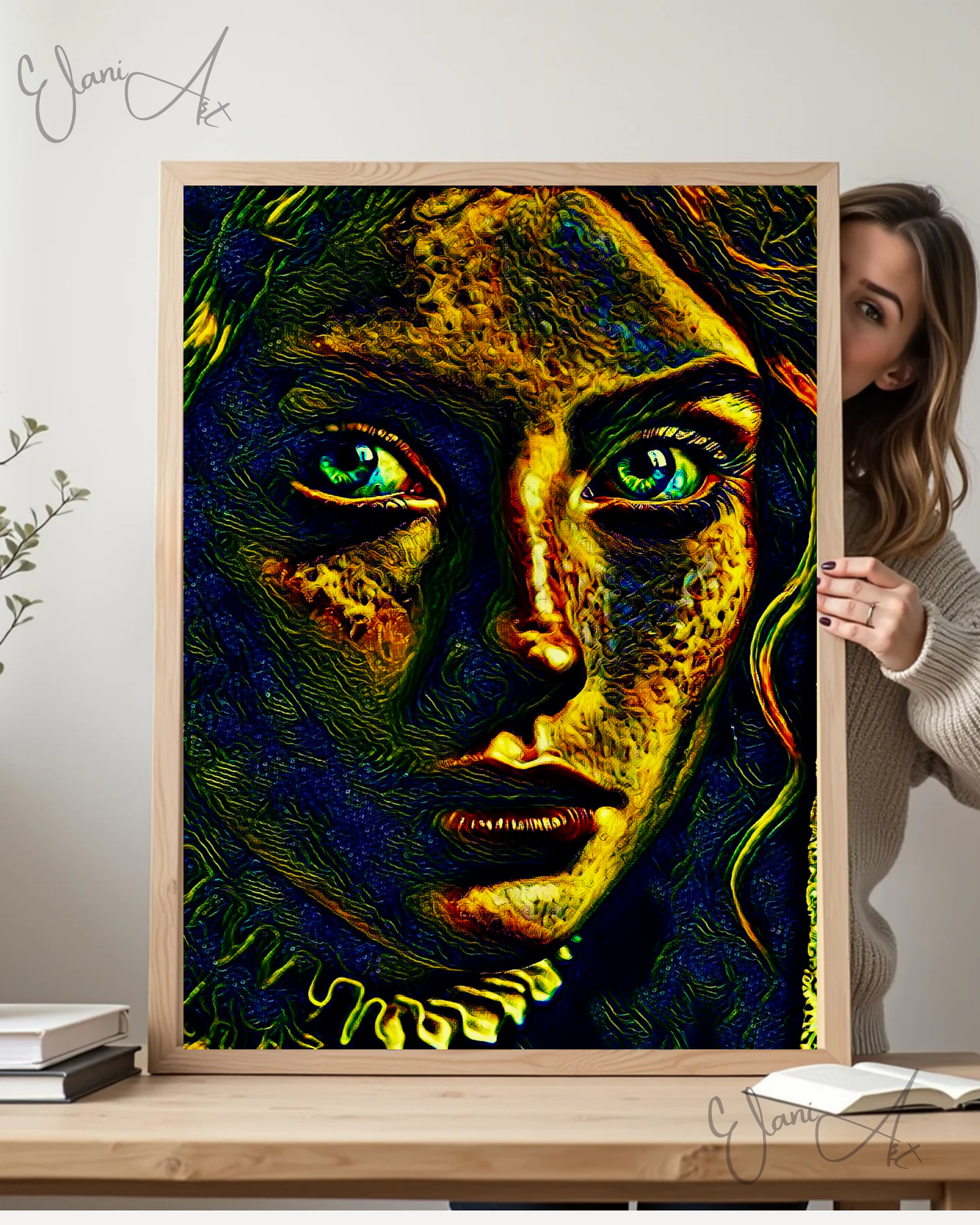 YOU DIDN'T SEE ME HERE - An Original Vibrant Glowing Blue Eyes Victorian Woman Portrait Head Veil Impressionistic Artwork Print by ElaniArt