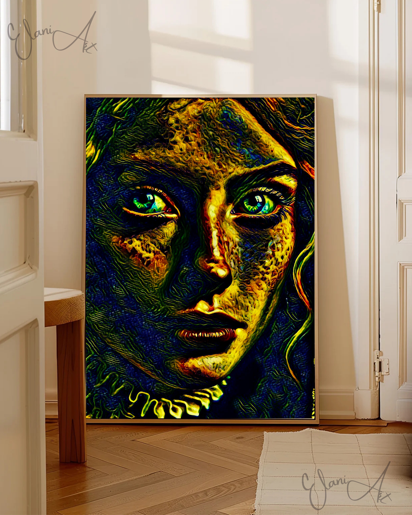 YOU DIDN'T SEE ME HERE - An Original Vibrant Glowing Blue Eyes Victorian Woman Portrait Head Veil Impressionistic Artwork Print by ElaniArt