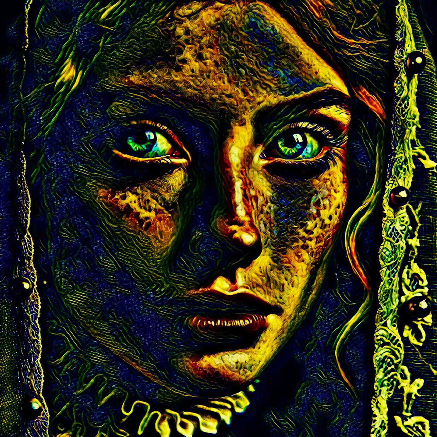 YOU DIDN'T SEE ME HERE - An Original Vibrant Glowing Blue Eyes Victorian Woman Portrait Head Veil Impressionistic Artwork Print by ElaniArt