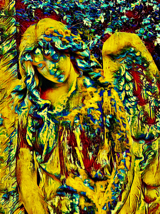 AN ANGEL - An Original Vivid Gold Blue Colorful Angel in the Garden Statuesque Wings Portrait Impressionistic Wall Artwork Print by ElaniArt