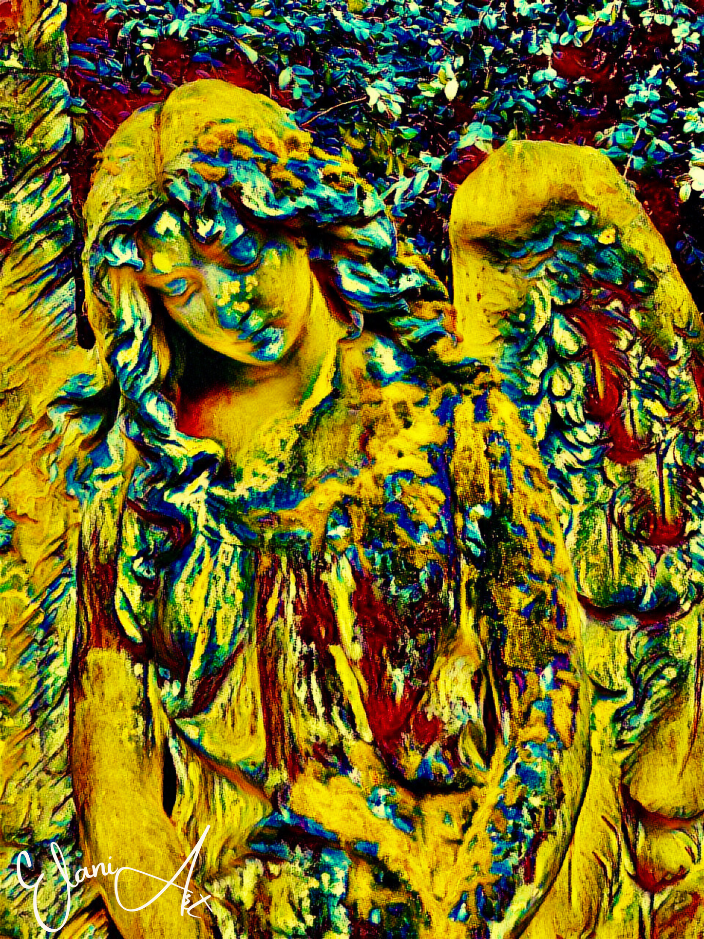 AN ANGEL - An Original Vivid Gold Blue Colorful Angel in the Garden Statuesque Wings Portrait Impressionistic Wall Artwork Print by ElaniArt