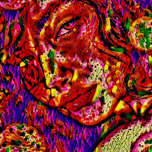 BEDROOM EYES - An Original Vibrant Red Yellow Purple Colorful Woman Staring Seductively Portrait Impressionistic Artwork Print by ElaniArt