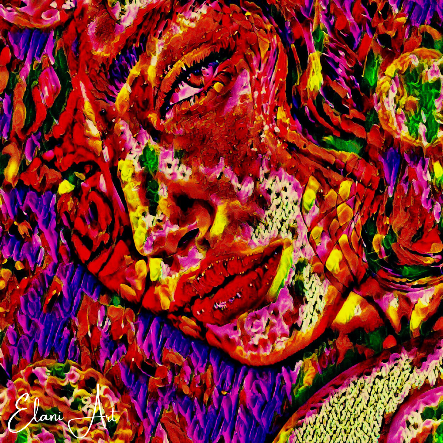 BEDROOM EYES - An Original Vibrant Red Yellow Purple Colorful Woman Staring Seductively Portrait Impressionistic Artwork Print by ElaniArt