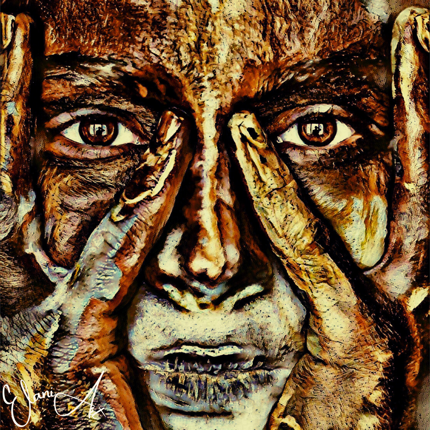 EYE 2 EYE - An Original Vivid Bronze Brown Woman's Brown Eyes Pinky Fingers on Nose Portrait Impressionistic Wall Artwork Print by ElaniArt