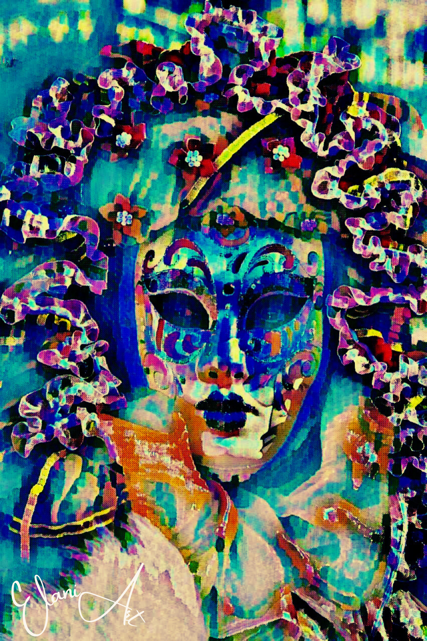 HERS - An Original Vibrant Blue Venetian Theatrical Masquerade Carnival Festival Face Mask Impressionistic Wall Artwork Print by ElaniArt